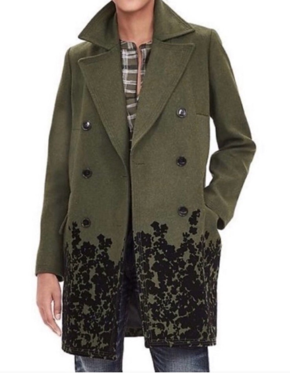 Banana Republic Olive Green Double-Breasted Women's Coat with Black Floral Hem